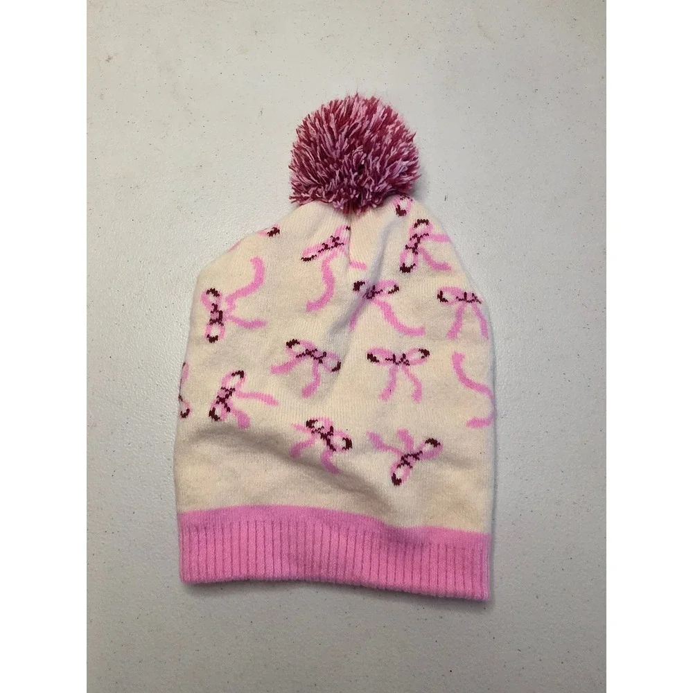 Great Northern Kids Pink Bow Knit Beanie Pom Pom Hat Cream Size 4-6x